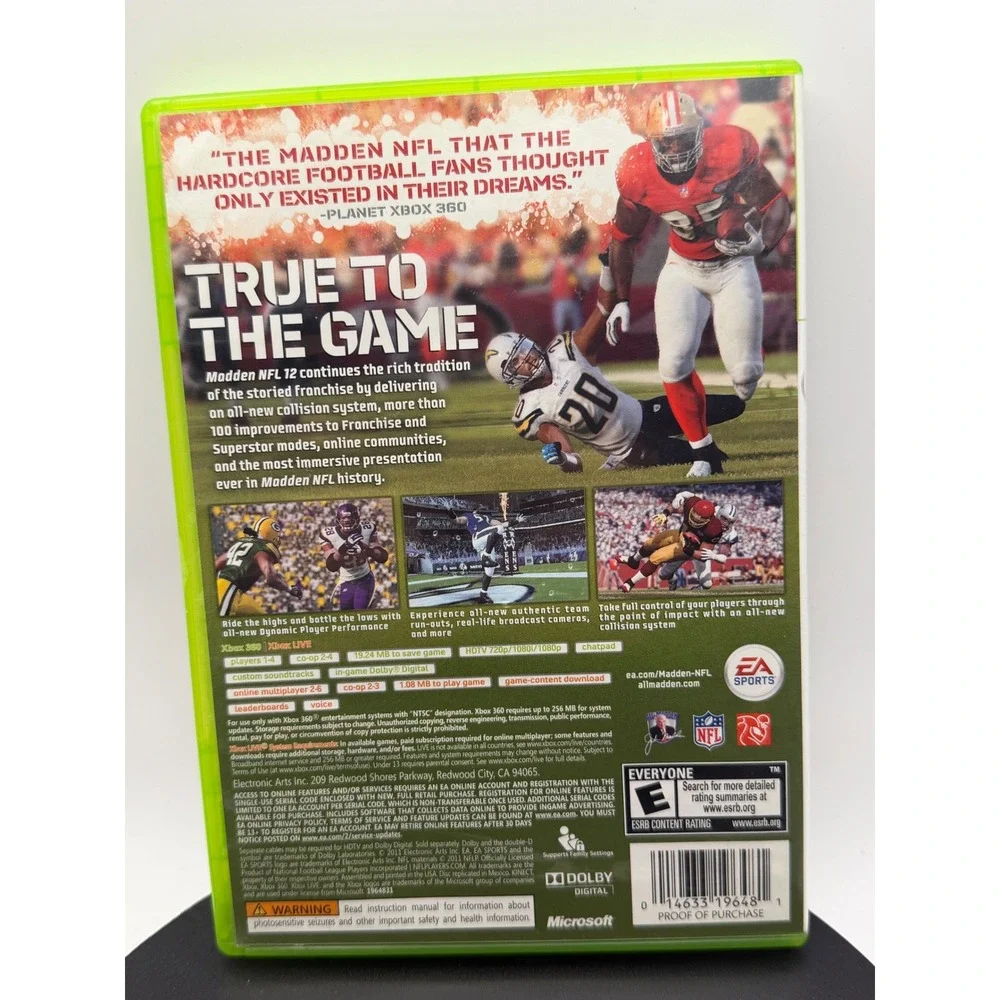 Madden NFL 12 Microsoft Xbox 360 EA Sports Football Game 2011 Peyton Hillis Cove